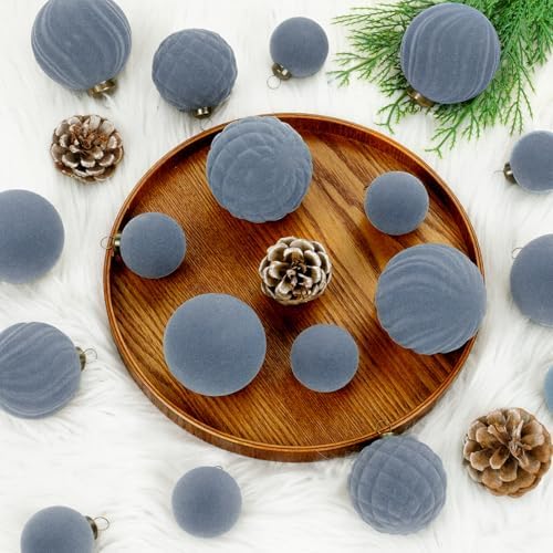 XmasExp 36PCS Velvet Christmas Ornaments Set Mixed Flocked Balls Ornaments Shatterproof Christmas Tree Decorations for Holiday,Party,Home（Light Blue） - Image 4