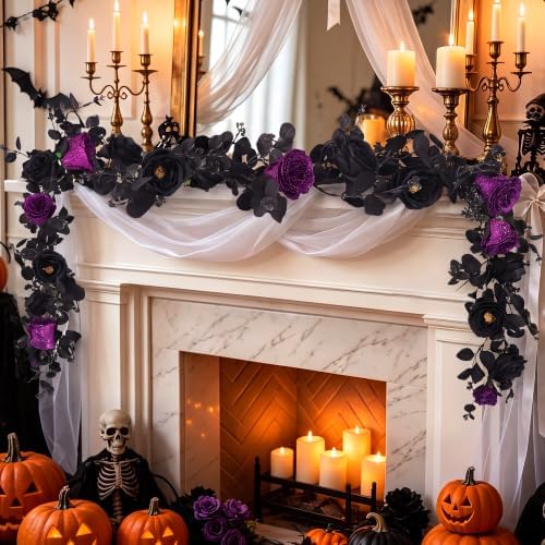 Aneco Artificial Eucalyptus Garland with Flowers 6FT Black Flower Garland Halloween Artificial Rose Floral Vine Garlands for Halloween Wedding Party Backdrop Wall Table Mantle Table Decor by Aneco