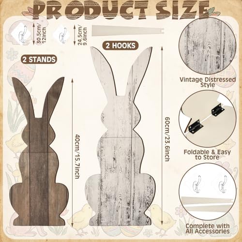Weysat 2 Pcs 23.6/31.5" H Easter Bunny Welcome Porch Sign Wooden Bunny Standings Porch Decor Large Easter Outdoor Sign Farmhouse Rabbit for Yard Front Door Indoor Outdoor Kitchen Garden - Image 3