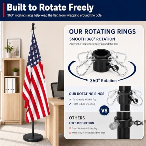 Flag Stand Indoor - 1" Heavy Duty Metal Flag Pole Set with Base,6-8ft Adjustable,Portable & Free Standing for Office,Conference Room,Classroom,Entryway,Outdoor Porch Deck (Black) - Image 4