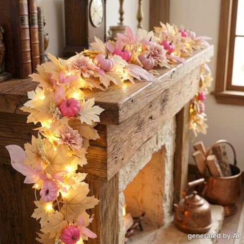 GAGEC 1Pcs 5.7FT Pink Fall Garland with Lights Pink Fall Decor Artificial Pumpkin Garland Without Battery Autumn Vine Decorations for Mantle Fireplace Porch Thanksgiving Decor by GAGEC