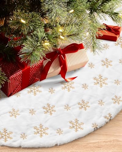 COOLWUFAN 72 Inches Faux Fur Christmas Tree Skirt, Gold Sequin Snowflake by COOLWUFAN