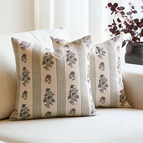 Amor Virisso Floral Throw Pillow Covers 22x22 Set of 2 Block Print Pillow Covers Neutral Floral Striped Farmhouse Decorative Pillow Covers for Sofa Couch Bed, Dusty Green by AffordableFloralPrintMaker