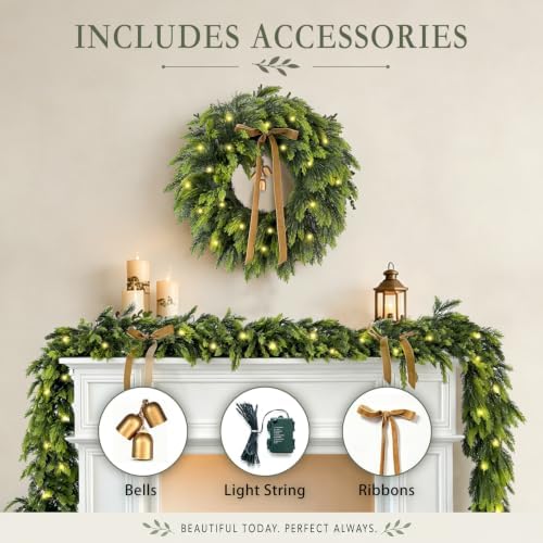 WANNA-CUL 22 Inch Real Touch Christmas Wreath for Front Door with Lights - Image 3