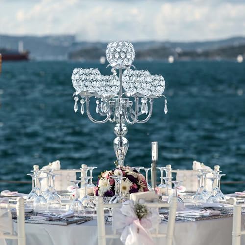 5 Arm Crystal Strap Pendant Silver Table Decor Candelabra Set of 2, 22.5 inches Elegant Dining Room Centerpieces for Holiday Parties Weddings - Image 5