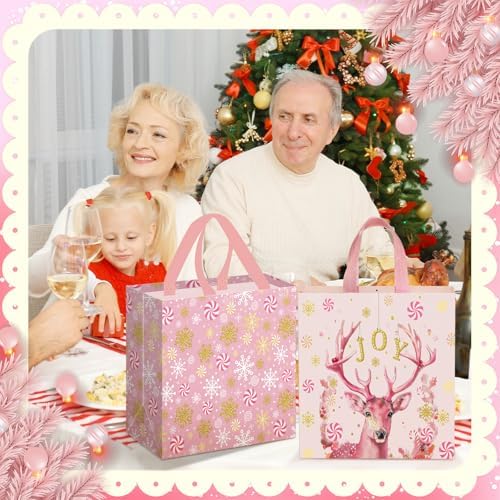 Wesnoy 48 Pcs Large Christmas Pink Gift Bag Bulk with Handle Candy Bag - Image 5