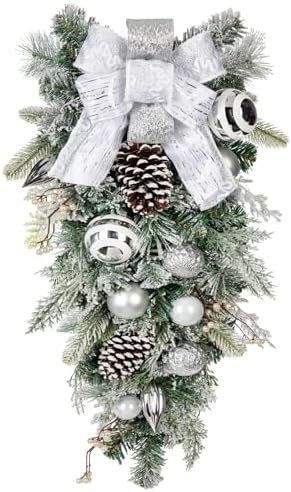 30" Christmas Teardrop Swag for Front Door Artificial Winter Swag Garland with Pine Cones, Berry Clusters, White Ball Ornaments and Ribbons for Thanksgiving Holiday Christmas Decoration by Arborus