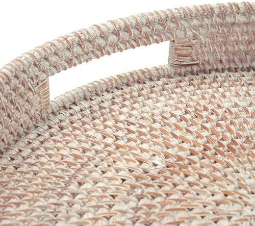 14" Round Rattan Tray, Hand Woven Serving Tray with Handles, Wicker Serving Basket, Decorative Tray for Home Decor, Whitewash - Image 2
