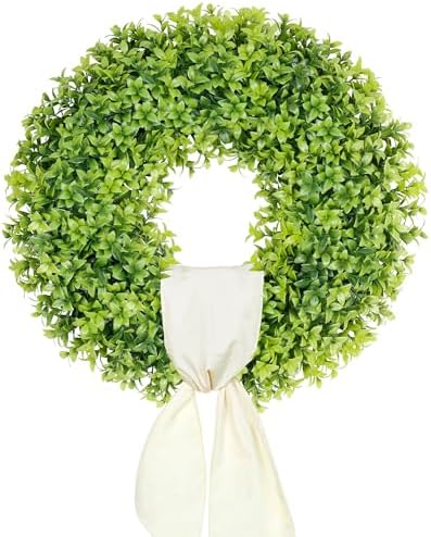 DDHS 20" Boxwood Wreaths Front Door, Artificial Spring Summer Wreath with Sash and Foldable, Year Round Indoor Outdoor for Farmhouse Fireplaces and Porches DIY St Patricks Day Decor-Gradient Green by DDHS