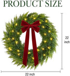 Christmas Decorations, 22 Inch Pre-Lit Christmas Wreath with Red Velvet Bow - Image 2