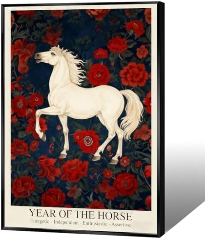 Chinese Lunar Year of the Horse Art Print – Energetic & Independent Zodiac Wall Decor with Red Peony Pattern for Home Apartment and Office Posters 24X36 in Black Framed by Unknown