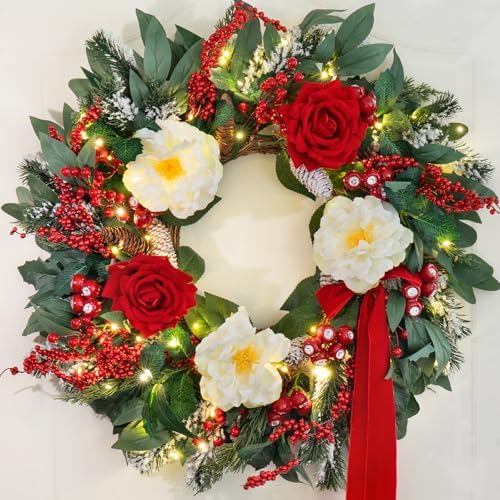 Christmas Wreaths for Front Door 24 Inch Prelit Holiday Wreath with Red Roses, White Peonies, Red Berries, Greenery & Velvet Bow Christmas Door Wreath Indoor Outdoor - Image 6