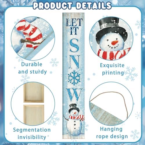 Menkxi Winter Snowman Porch Sign Blue Wooden Door Sign Let It Snow Porch with Snowflake Standing or Hanging Winter Sign for Indoor Outdoor Home Farmhouse Yard Decoration, 8 x 47 Inch - Image 3