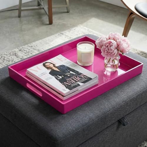 Large Decorative Tray, Rectangular Serving Tray with Handles, Plastic Coffee Table Tray for Ottoman, Living Room, Kitchen Tabletop, Rose Pink, 15.7” x 11.8” x1.6” - Image 3