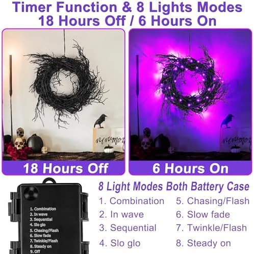 9 Ft 66 LED Willow Vine Twig Decor Black Halloween Garland with Purple Lights, Timer 8 Modes Waterproof Battery Operated Indoor Halloween Decorations for Wall Fireplace Mantle Home Office Party Decor - Image 2