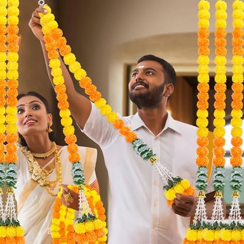 8PCS Diwali Artificial Marigold Garland for Home Decor, Marigold Long Strands with Bells and Leaves for India Wedding, Pooja Decor, Marigold Flowers Strings for All Year Decoration - Image 7