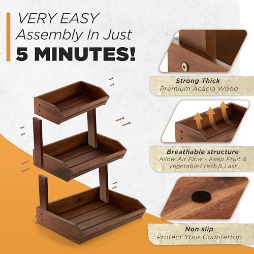 HOLANA Acacia Wood 3 Tier Fruit Basket, Durable, for Fruit and Vegetables - Image 2