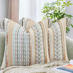 AmHoo Set of 2 Chenille Striped Textured Boho Throw Pillow Covers Aesthetic with Tassels Woven Decorative Pillow Case for Couch Bed Sofa Bedroom Modern Funky 18 x 18-Inch White Multicolor by AmHootextile