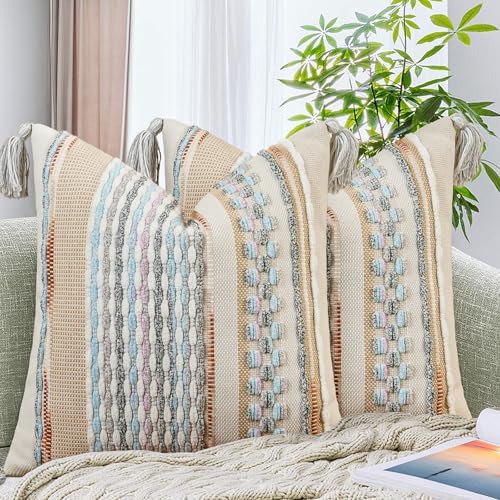 AmHoo Set of 2 Chenille Striped Textured Boho Throw Pillow Covers Aesthetic with Tassels Woven Decorative Pillow Case for Couch Bed Sofa Bedroom Modern Funky 18 x 18-Inch White Multicolor by AmHootextile