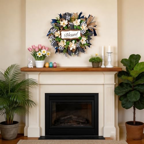 22 Inch Spring Wreath Blessed Magnolia Wreath with Buffalo Check and Burlap Ribbon - Farmhouse Front Door Wreaths Decor for All Seasons - Rustic Home Wall Porch Decor - Image 6