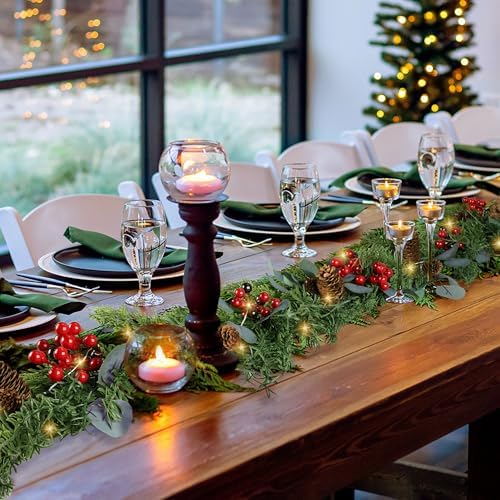 6ft Christmas Garland with Lights Artificial Cedar Cypress Garland with Pine Cones Garland for Home Fireplace Wall Indoor Outdoor Holiday Party Decoration - Image 6