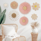 Chunful 7 Pcs Boho Wall Basket Decor Rattan Flower, Dark Pink - Image 6