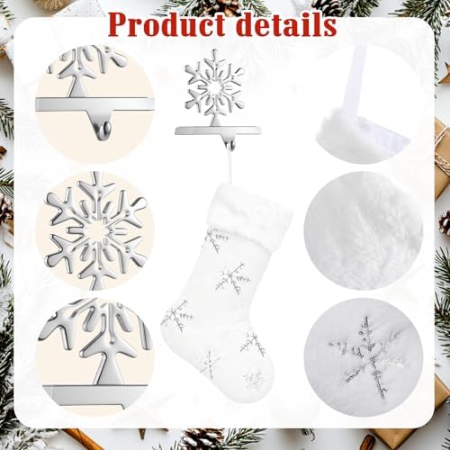 Funnymoom 8 Pcs Christmas Stockings with Holder Set Includes 4 Faux Fur Stocking Ornaments 4 Mantle Snowflake Stocking Hangers Hooks for Xmas Family Party Decoration (White/Silver) - Image 3