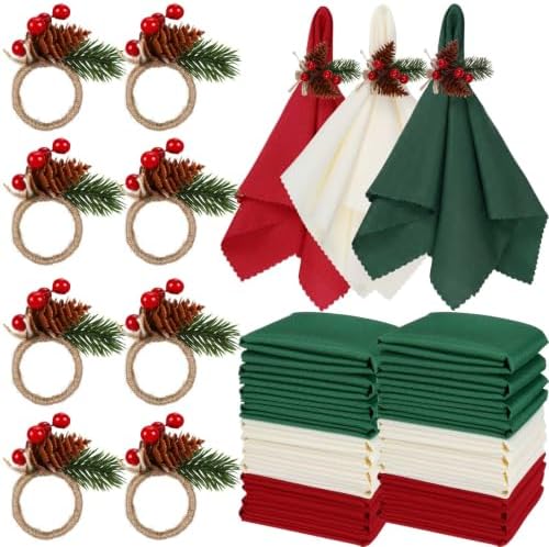 LemonRoad 36 Pcs Cloth Napkins and Napkin Ring Holders, Reusable Fabric for Table Decor Banquet Holiday Dinner Party Supply(Red, Dark Green,White,Christmas) by Unknown