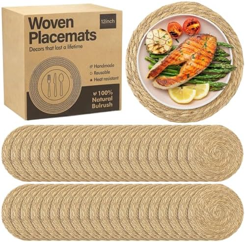Elcoho 40 Pieces Round Woven Placemats 12 Inch Boho Rattan Placemats Farmhouse Braided Place Mats Woven Plate Chargers Rustic Wicker Table Mats for Dining Table by Elcoho