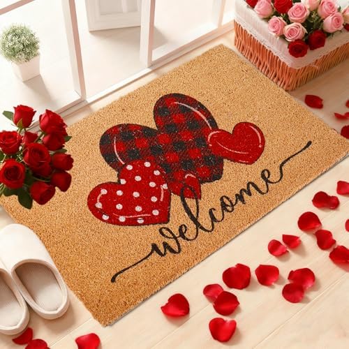 Whaline Valentine' s Day Doormat Natural Coir Welcome Floor Mat Plaid Dot Love Heart Rectangle Entrance Door Rug for Indoor Outdoor Home Bathroom Decor, 16.5 x 29 Inch - Image 7