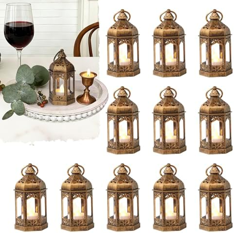 Mini Moroccan Lanterns with LED Tealight Set of 12, Vintage Brown Decorative Hanging Lanterns for Ramadan, Christmas, Halloween, Wedding, Fairy Party Decorations, Table Centerpiece by ReperlaSpecialMiniSmallLanternDecoration
