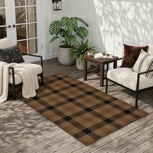 JTJ Easy Jute 3x6 Runner Rug, Brown & Black Plaid Farmhouse Runner for Kitchen, Hallway & Entryway, Washable Non Slip Low Pile Rug, Rustic Woven-Look Floor Mat for Mudroom, Bedroom & Living Room by JTJ