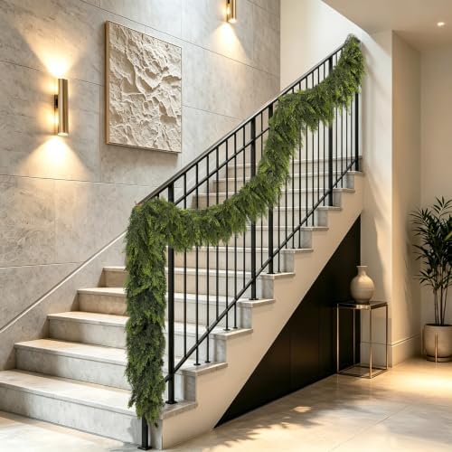 2 Pcs 9Ft Christmas Cedar Garland with Lights Christmas Decorations, Real Touch Soft Lush Green Pine Cedar Garland for Mantel Front Door Porch Fireplace Stairs Table Outdoor Indoor Holiday Home Decor - Image 2