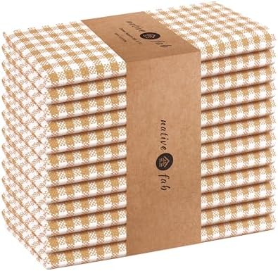 Native Fab Gingham Mini Check Cloth Napkins, Set of 12, 16x16 inches, 100% Cotton, Set of 12, Washable Soft Breathable Absorbent, Beige White by NativeFab