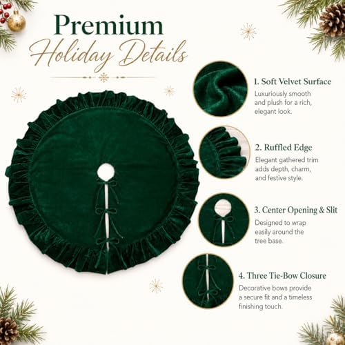 Velvet Christmas Tree Skirt, 60 Inches DarkGreen Ruffled Velvet Christmas Tree Skirt,Rustic Vintage Xmas Tree Skirt for Party Decorations - Image 4