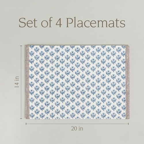 Over&Back Set of 4 Hand-Blocked Placemats - Colorful Dining Table Mat - Each Placemat is Unique - 100% Cotton - Machine Washable - Kitchen and Home Decor - Blue Blossom - Image 5