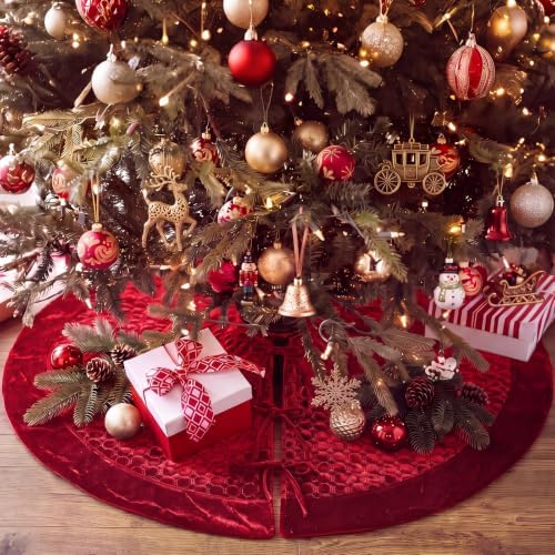 Arrowbash 48 Inch Velvet Christmas Tree Skirt Quilted Tree Skirt, Red - Image 4