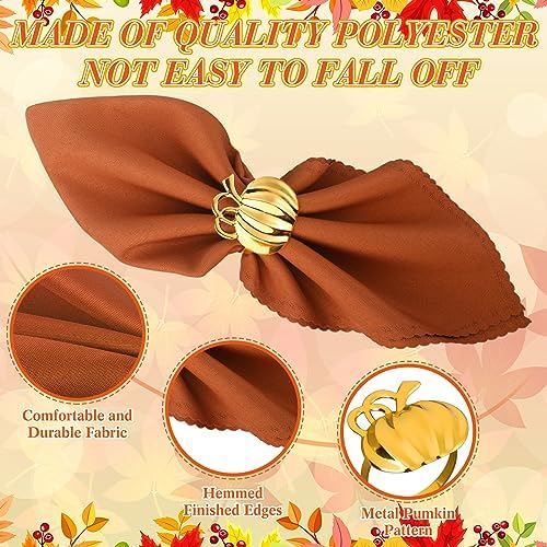 Preboun 20 Set Thanksgiving Cloth Napkins 19" with Pumpkin Ring Holders - Image 3
