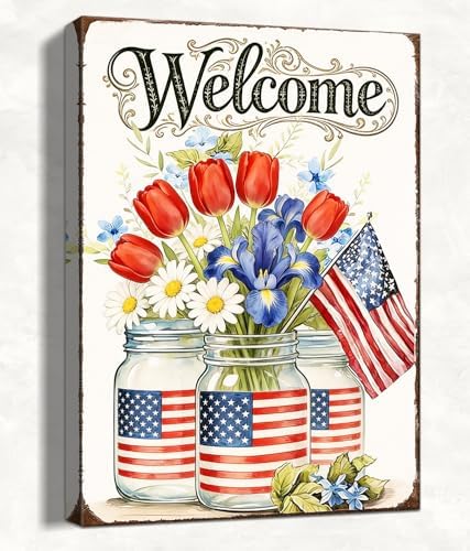 HomeifHue July 4th Patriotic Canvas Wall Art 4th of July USA Decorations American Flag Painting Picture Patriotic Floral Mason Jar USA Flag Poster Independence Day Home Decor(F1 24x36in) by HomeifHue