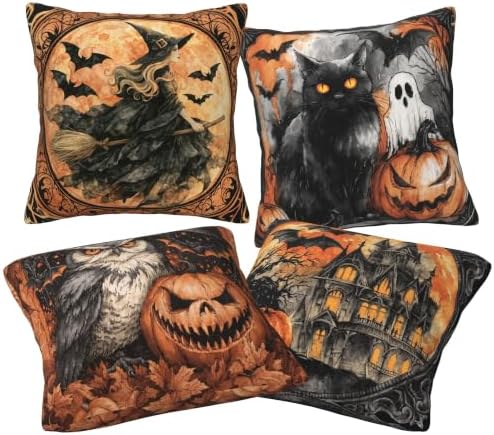 Vintage Halloween Throw Pillow Covers 18 X 18 Inch Set of 4 Decorative Cushion Cover Home Decor for Sofa Chair Couch Bedroom Living Room - Image 2