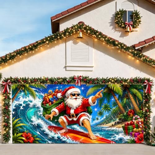 7x16FT Merry Chrismas Garage Door Banner Gingerbread Deer Snowman Santa Claus Beach Garage Door Cover Decoration for Chrismas Outdoor Decoration - Image 2