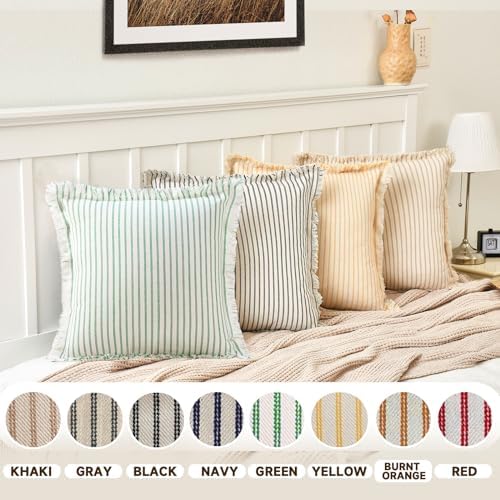 ZWJD Throw Pillow Covers 24x24 Set of 2 Green Striped Pillow Covers with Fringe Chic Cotton Decorative Pillows Square Cushion Covers for Sofa Couch Bed Living Room Farmhouse Home Decor - Image 5