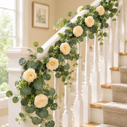 4 Pack 24FT Artificial Eucalyptus Flower Garland with 6 Champagne Roses, Fake Flower Vines Centerpieces for Tables, Spring Greenery Floral Garland for Mantle Wedding Backdrop Home Table Runner Decor - Image 6