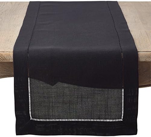 SARO LIFESTYLE Classic Hemstitch Table Runner - Elegant Everyday Table Runner with Textured Fabric and Hemstitched Border for Dining Tables and Formal Entertaining, 16"x120", Black by SaroLifestyle