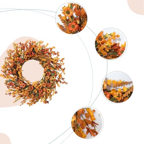 20 Inch Fall Wreath with Green Leaves and Yellow Daisies - Artificial Grains Flower Wreath for Front Door, Farmhouse Decor Indoor & Outdoor Wedding Wall Home Decor - Image 2