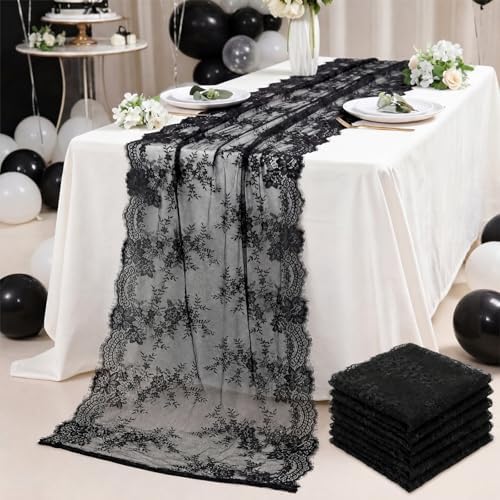 Remagr 6 Pcs Black Lace Table Runners 30" x 120" Floral Wedding Decor by Remagr