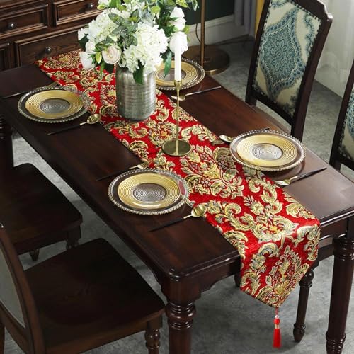 Elegant Table Runners 72 inches Long Chenille with Tassels Red Christmas - Image 3