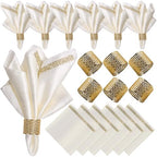 VIJIV 12 Pack Cloth Napkins and Gold Napkin Rings Set of 6, 17x17 Bling Trim Satin Cocktail Napkins Cloth Washable Personalized Dinner Napkins for Wedding Party Holiday Decorative by VIJIV