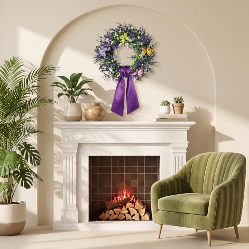 13in Wildflower Wreath, Purple Ribbon & Hanging Hook, Farmhouse Door Decor - Image 6