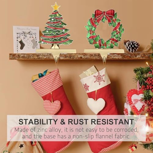 Christmas Stocking Holders for Mantel Set of 2 Anqitue Gold Christmas Tree Stocking Holders Wreath Stocking Holder Metal Stocking Hook Sturdy Stockings Hanger for Fireplace Decoration (Tree) - Image 5